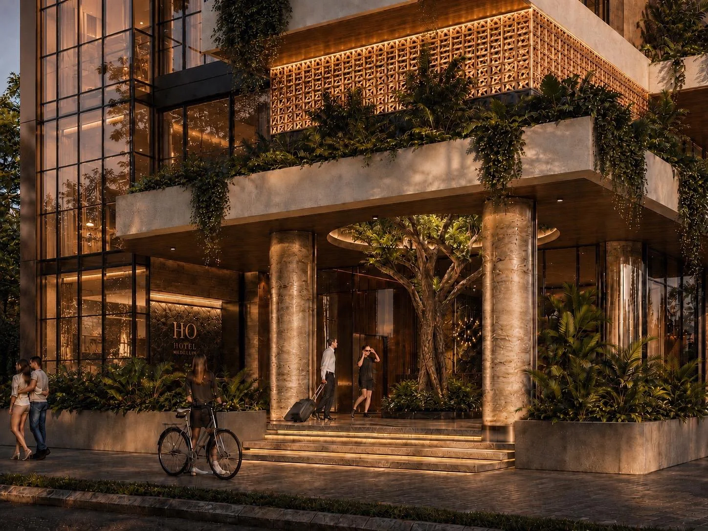 Entrada de hotel tropical en Medellín