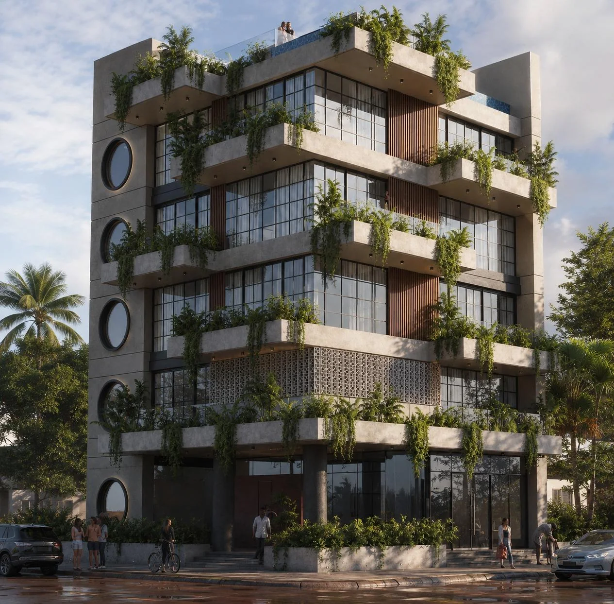Edificio residencial con terrazas verdes